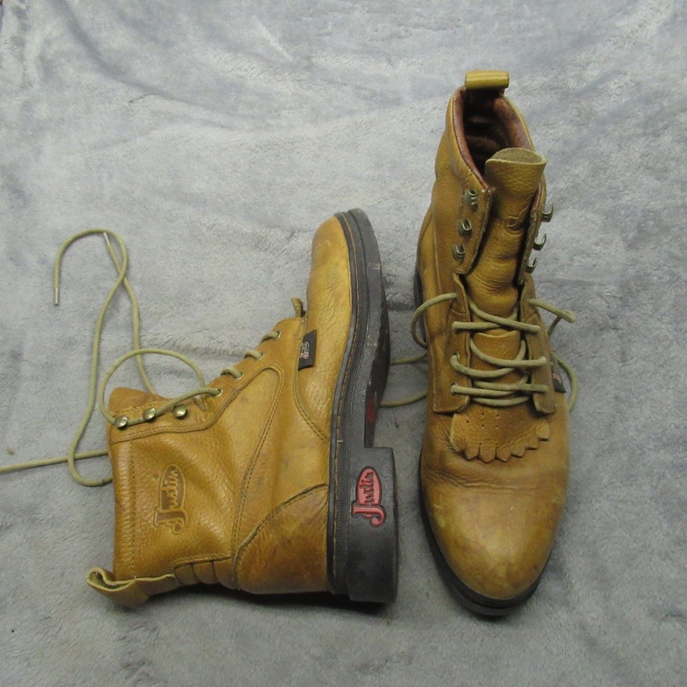 Justin Mens 8D Work Boots Brown Leather Lace Up Kiltie Classic Round Rugged